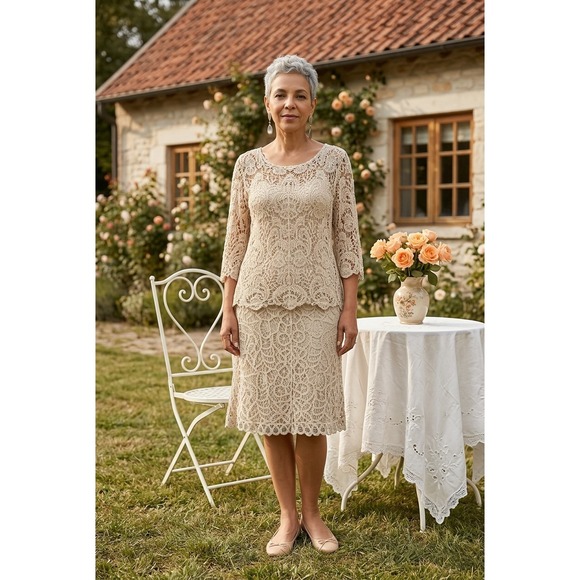 Adiva Dresses & Skirts - Adiva Ivory Crochet 3 Pc Lined Skirt and Top Women's L Mother of Bride Elegance